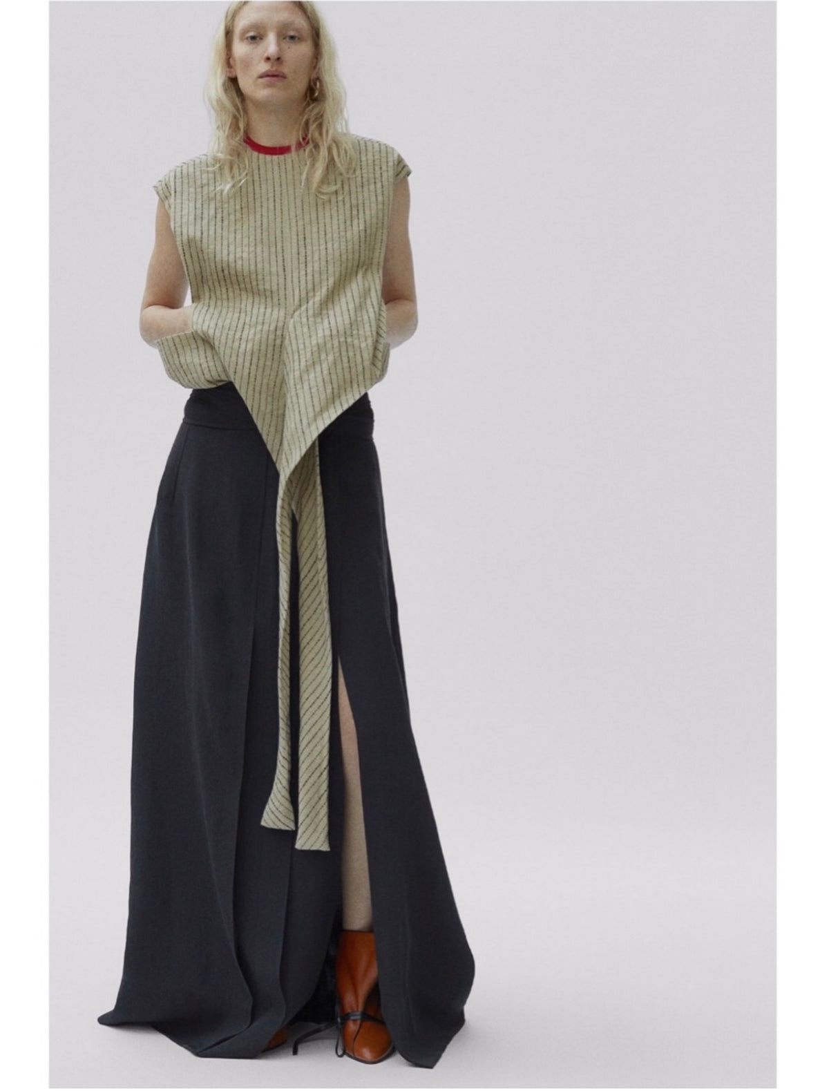 The Linen Wrap Tunic Top with Red Lambskin Leather Collar