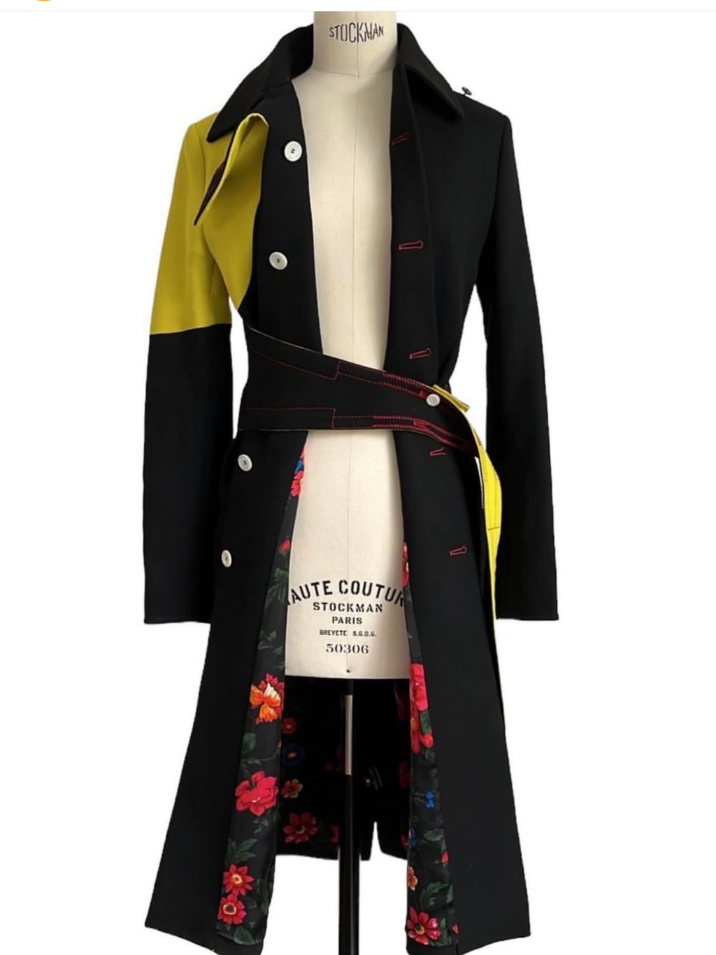 The Two Tone Belted Coat in Black & Lime Green with Iconic Floral Lining