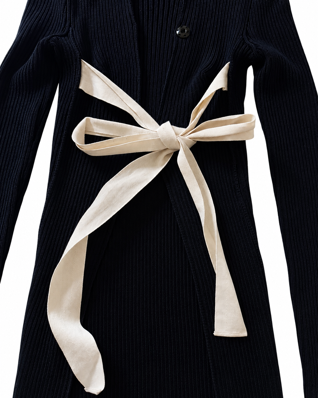 The Open Back Ribbed Cardigan with Iconic White Ribbons
