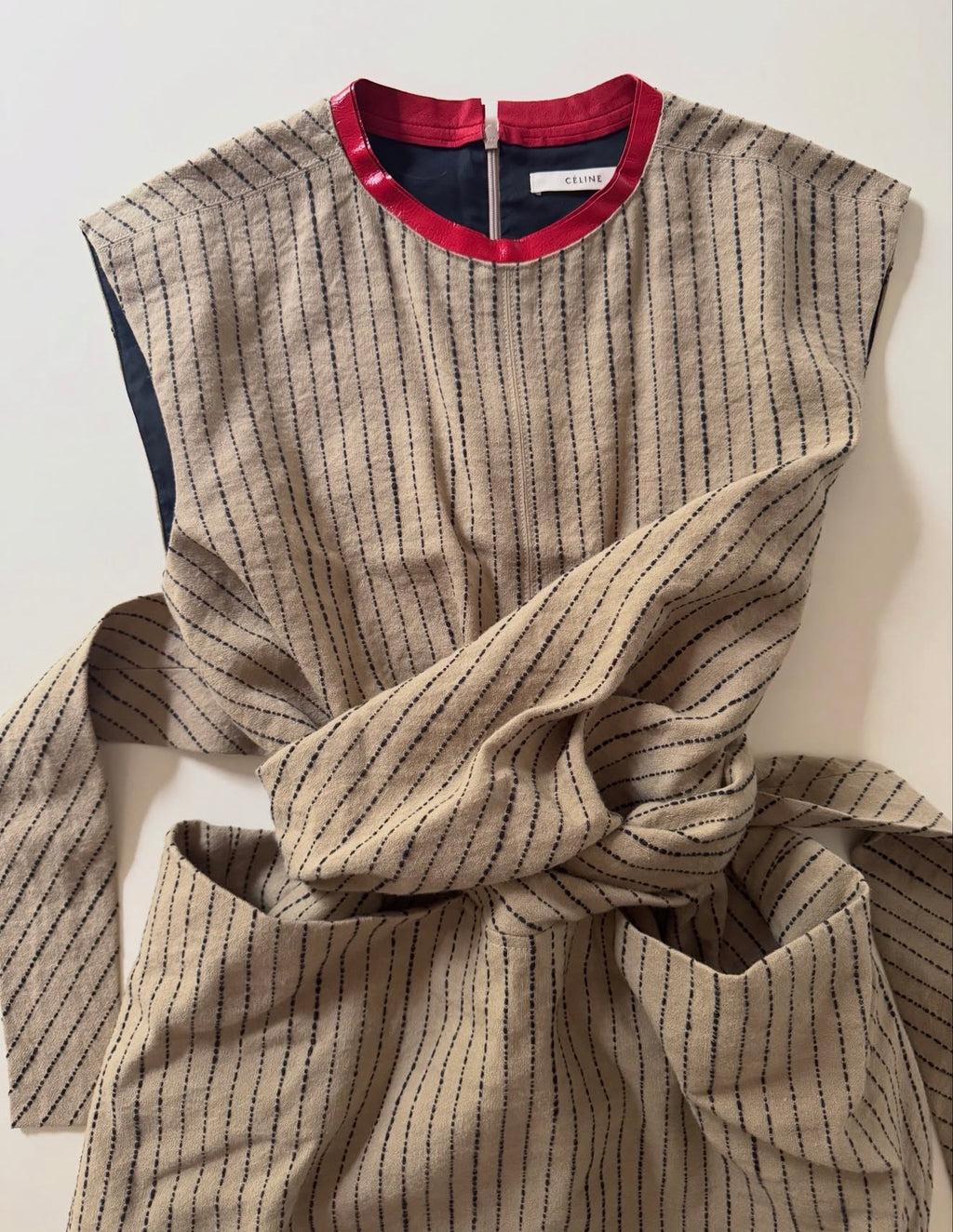 The Linen Wrap Tunic Top with Red Lambskin Leather Collar