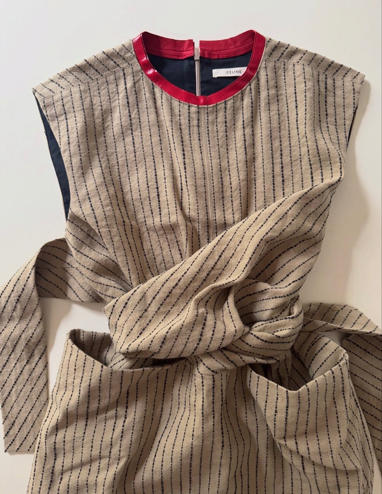 The Linen Wrap Tunic Top with Red Lambskin Leather Collar