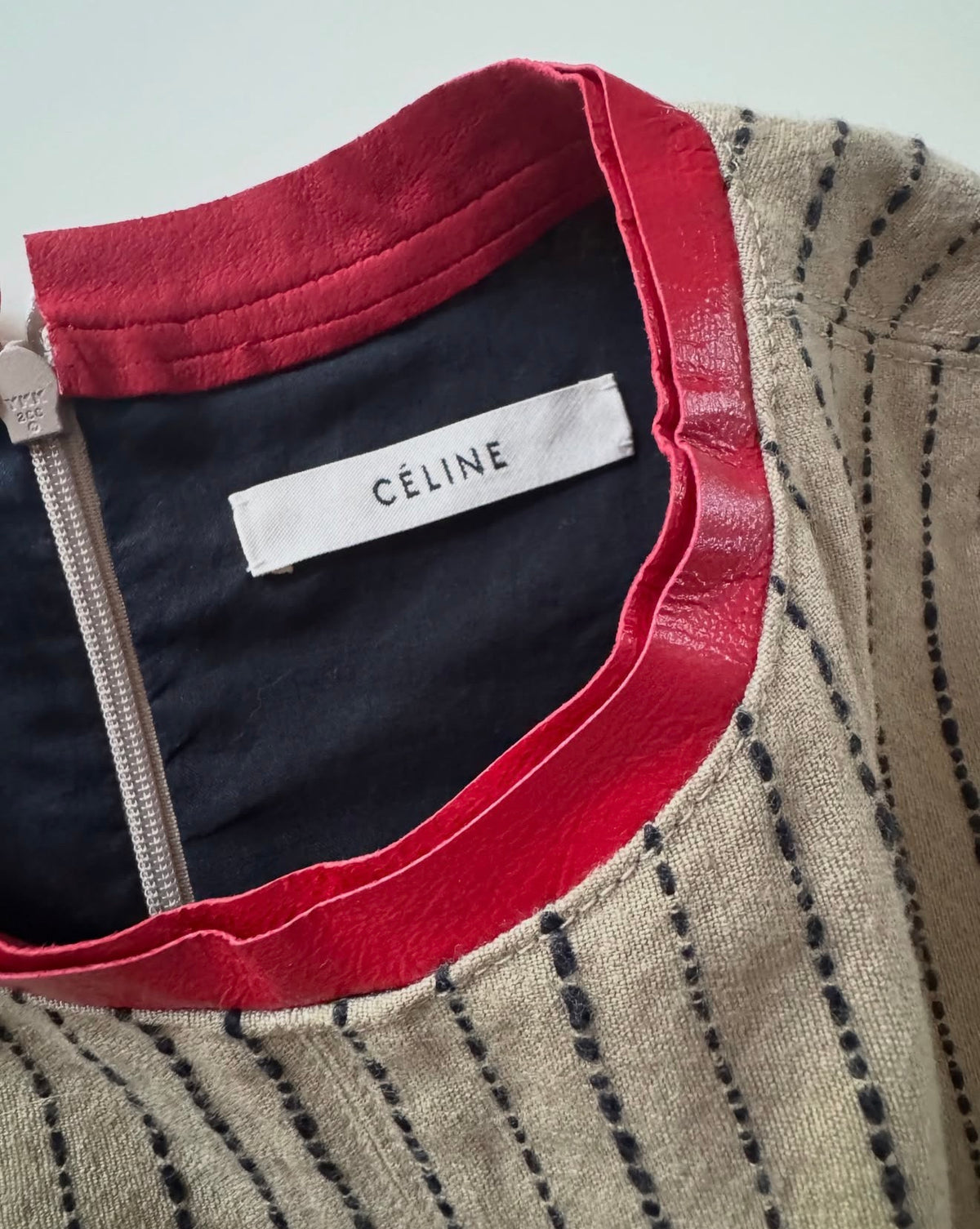 The Linen Wrap Tunic Top with Red Lambskin Leather Collar