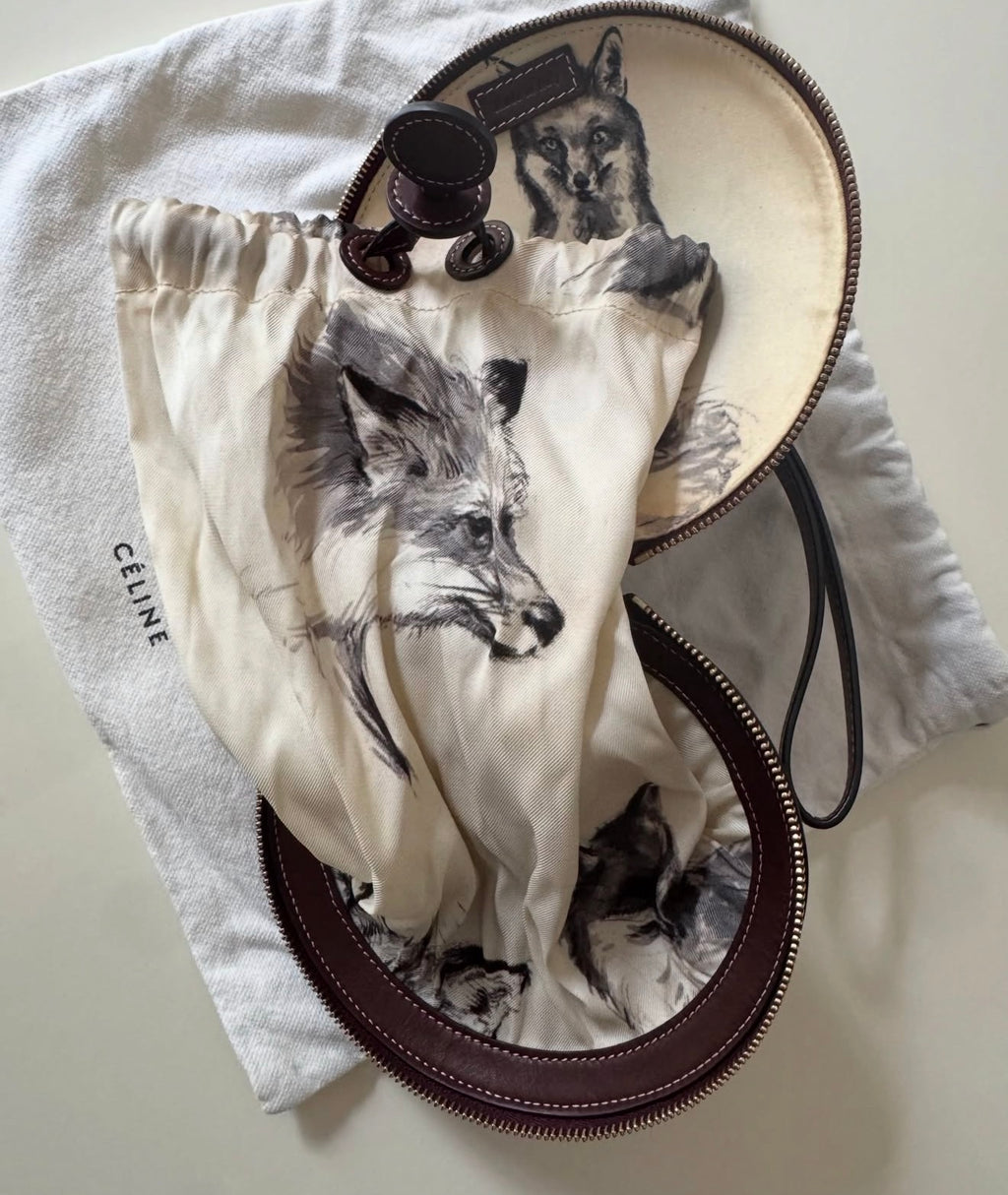 The Wonderland Fox Print Silk Foulard Purse Clutch