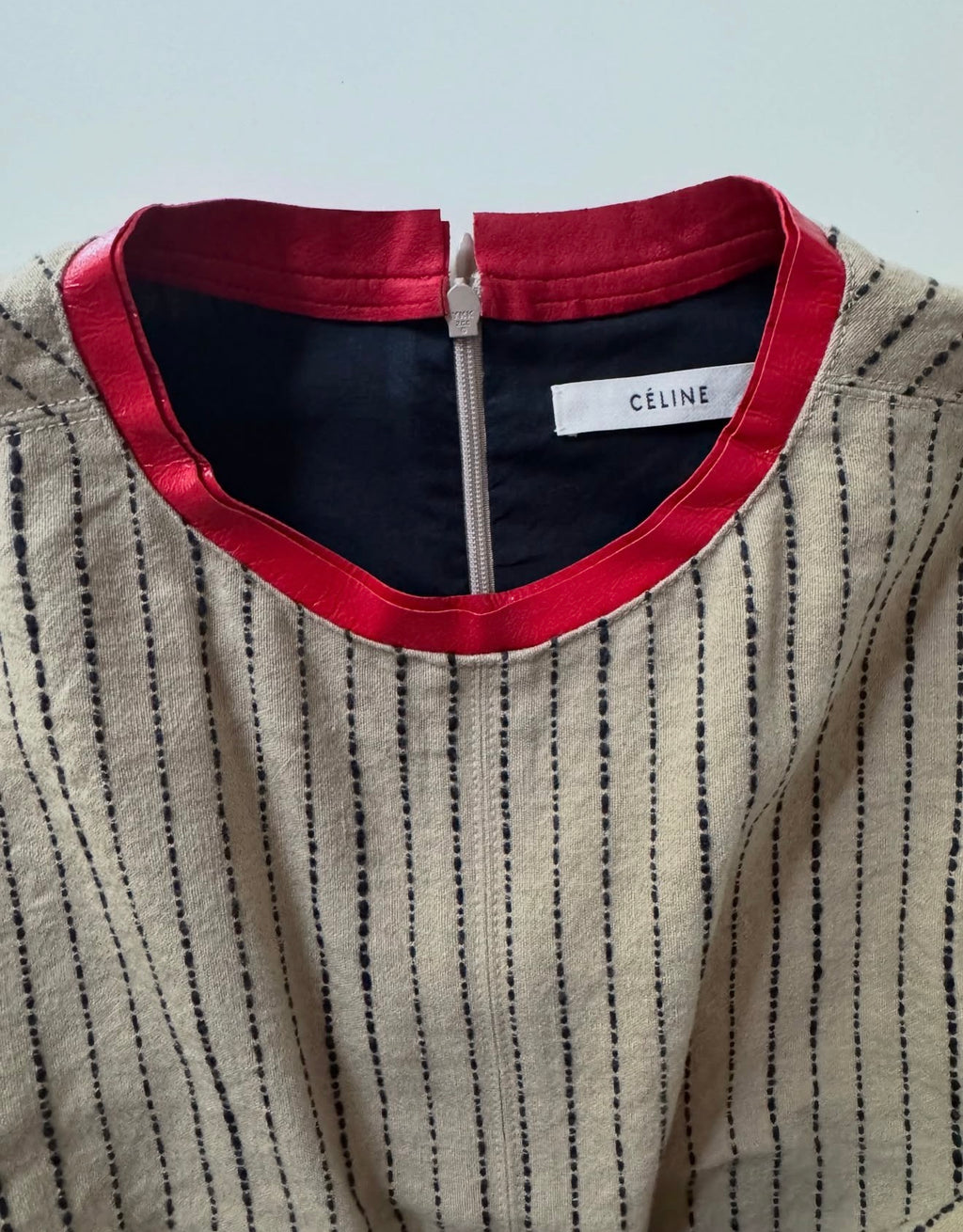 The Linen Wrap Tunic Top with Red Lambskin Leather Collar
