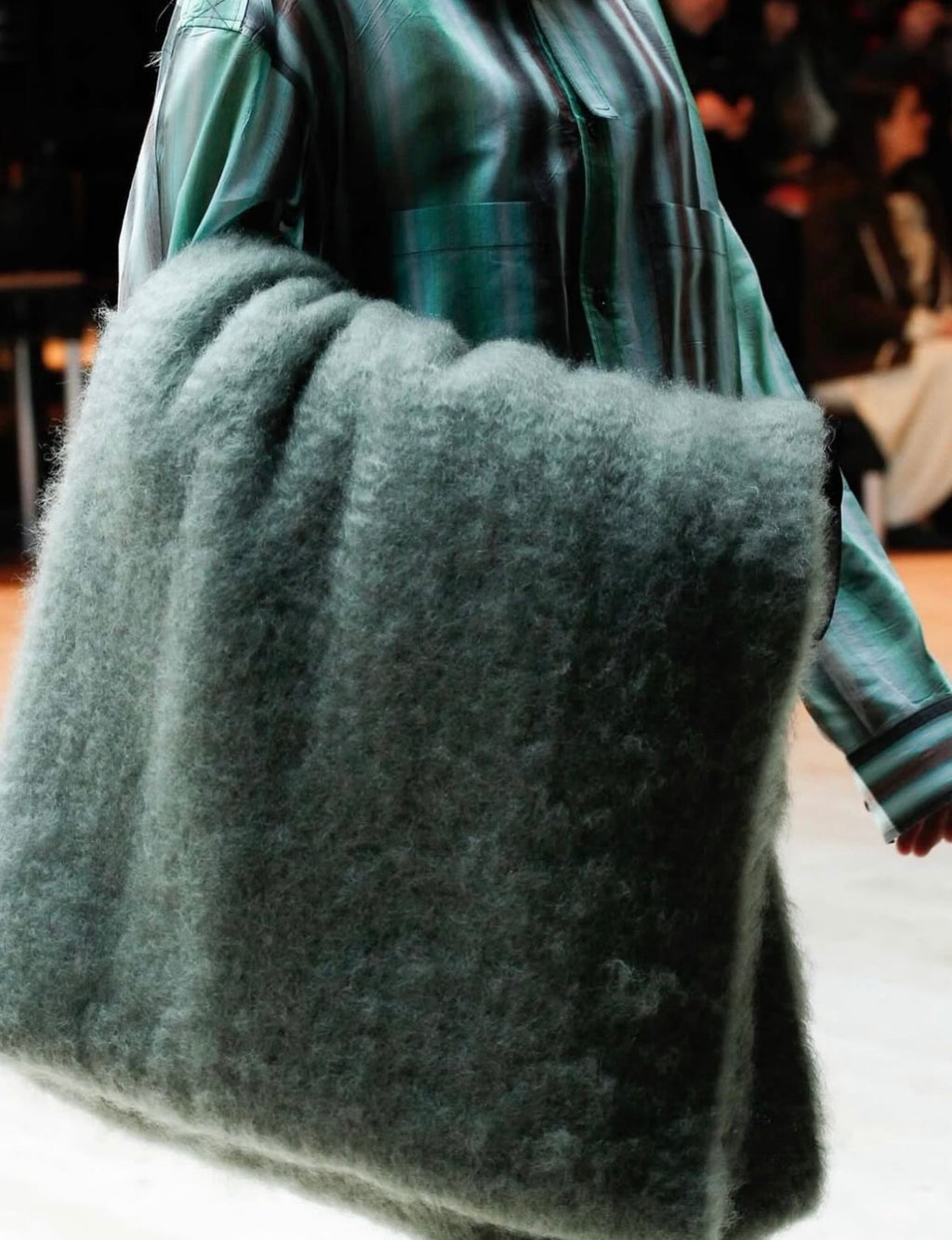 The Runway Blanket With Fringes in Green Wool Mohair