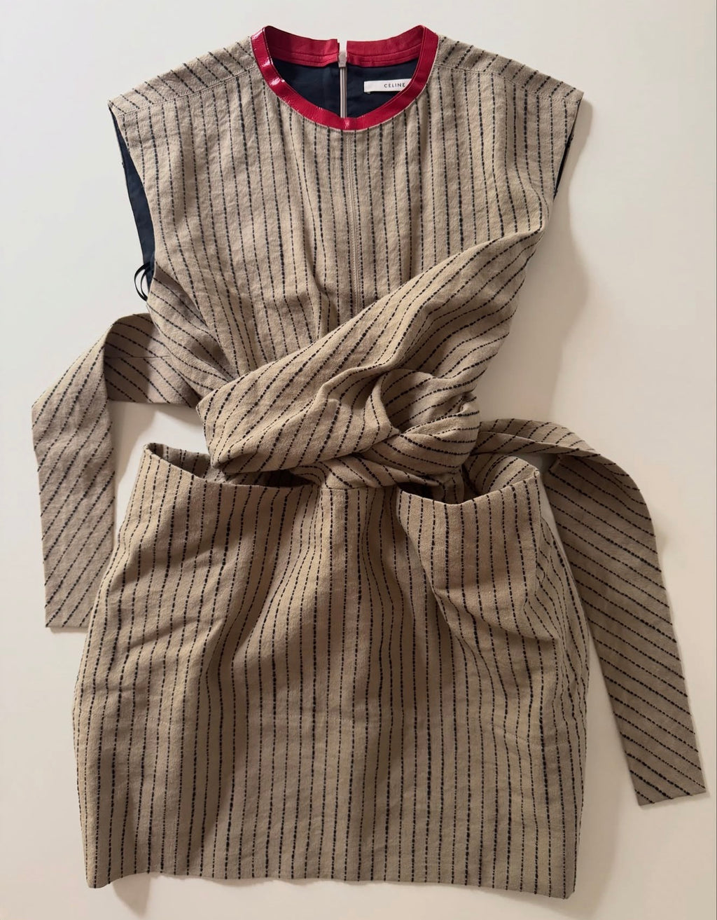 The Linen Wrap Tunic Top with Red Lambskin Leather Collar