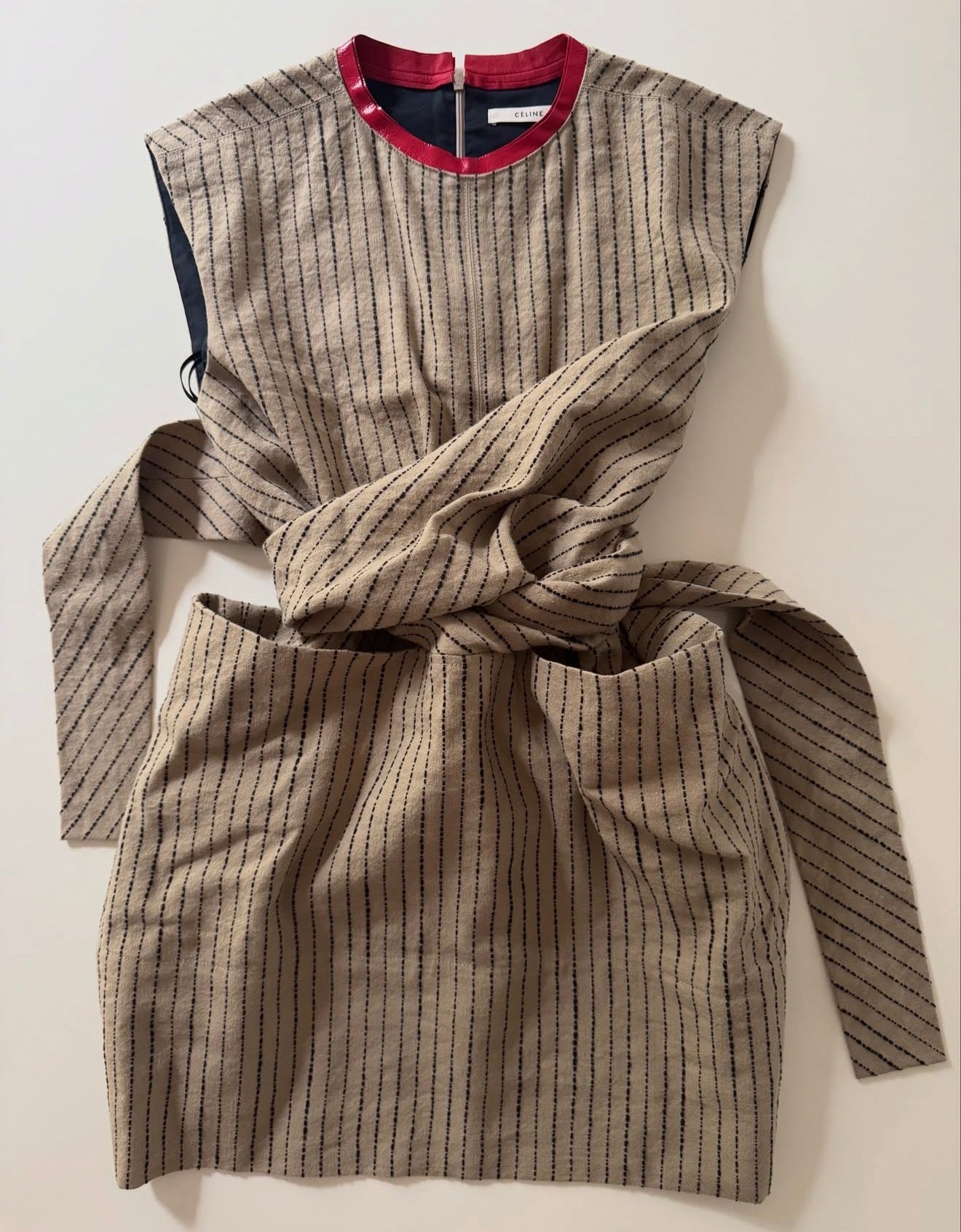 The Linen Wrap Tunic Top with Red Lambskin Leather Collar