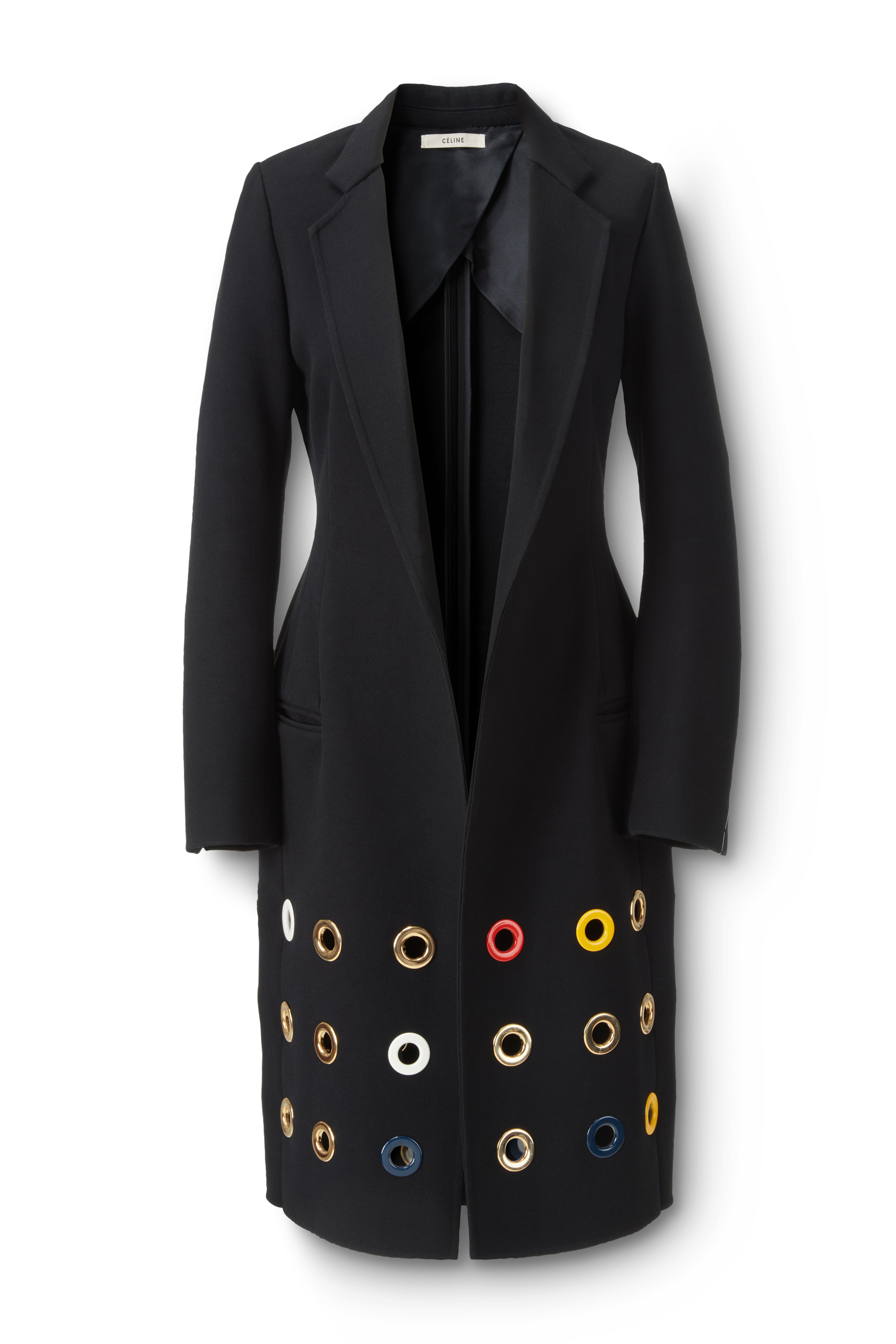 Eyelet Embellished Tailored Coat in Black Multicolor Flatlay