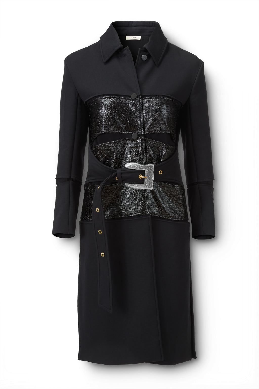 Silver Buckle Glossy Panel Coat Flatlay