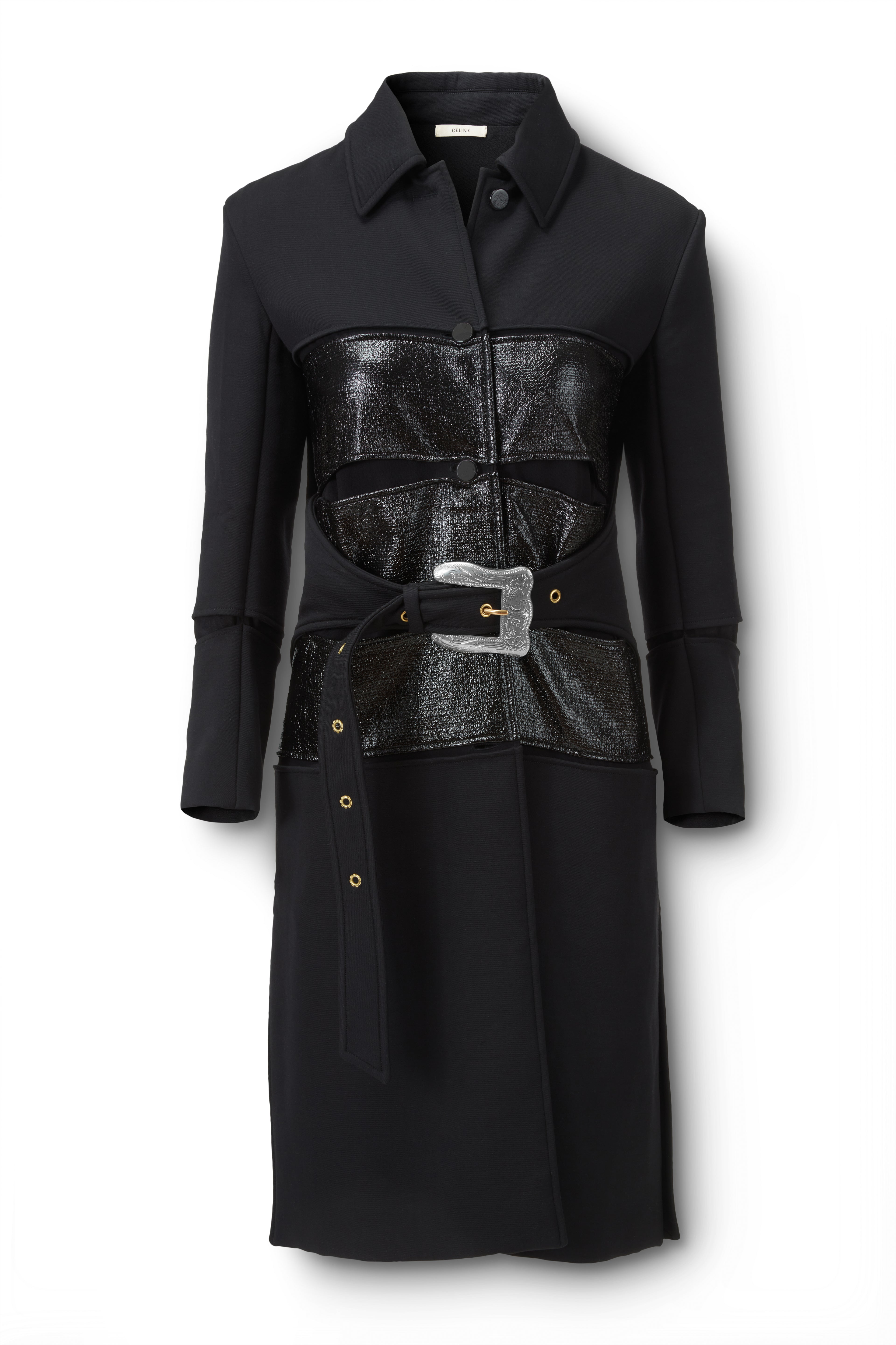 Silver Buckle Glossy Panel Coat Flatlay
