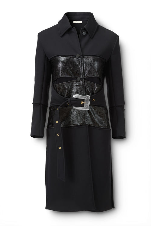 Silver Buckle Glossy Panel Coat Flatlay