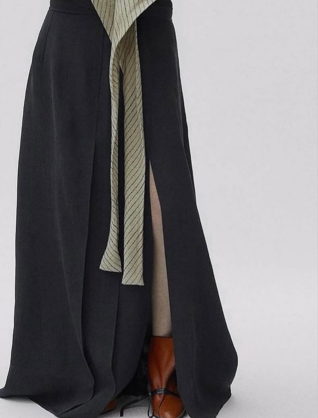 The Black Pleated Viscose and Silk Canvas Wrap Maxi Skirt