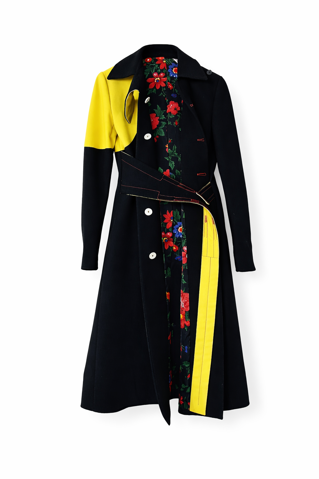 The Two Tone Belted Coat in Black & Lime Green with Iconic Floral Lining