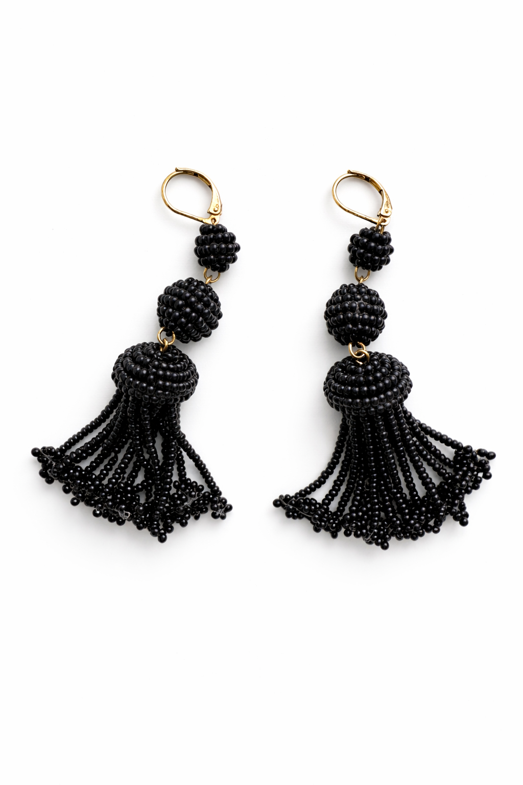 The Pompon Beads Earrings in Black Glass and Brass Flatlay