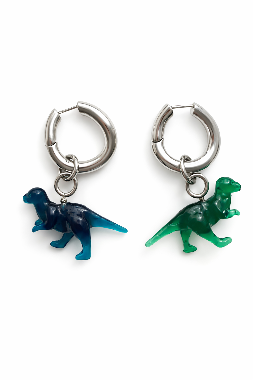 The Toy Small Dinosaur Earrings in Blue And Green Resin Flatlay