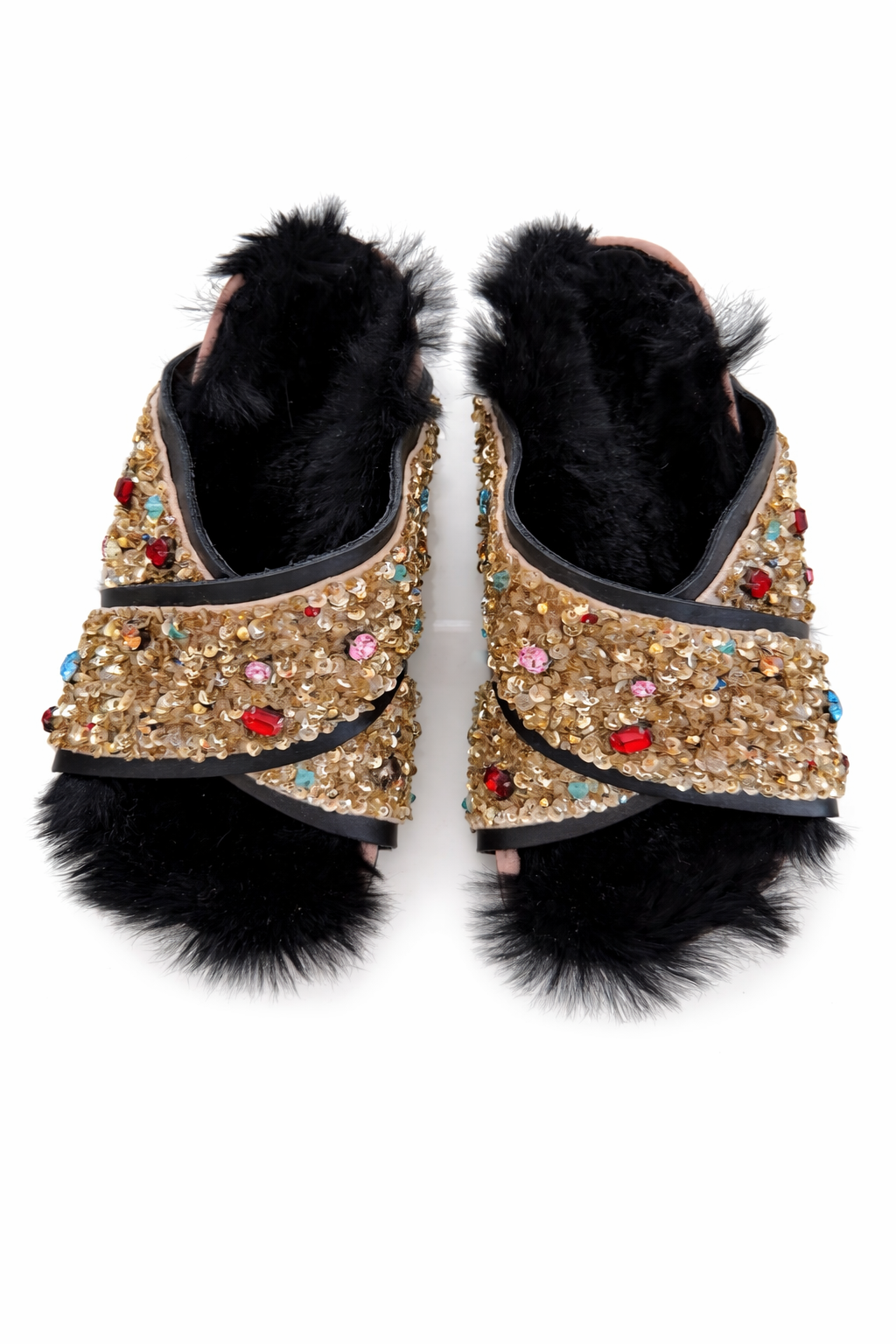 The Crystal Embellished Fur Birkenstocks Flatlay