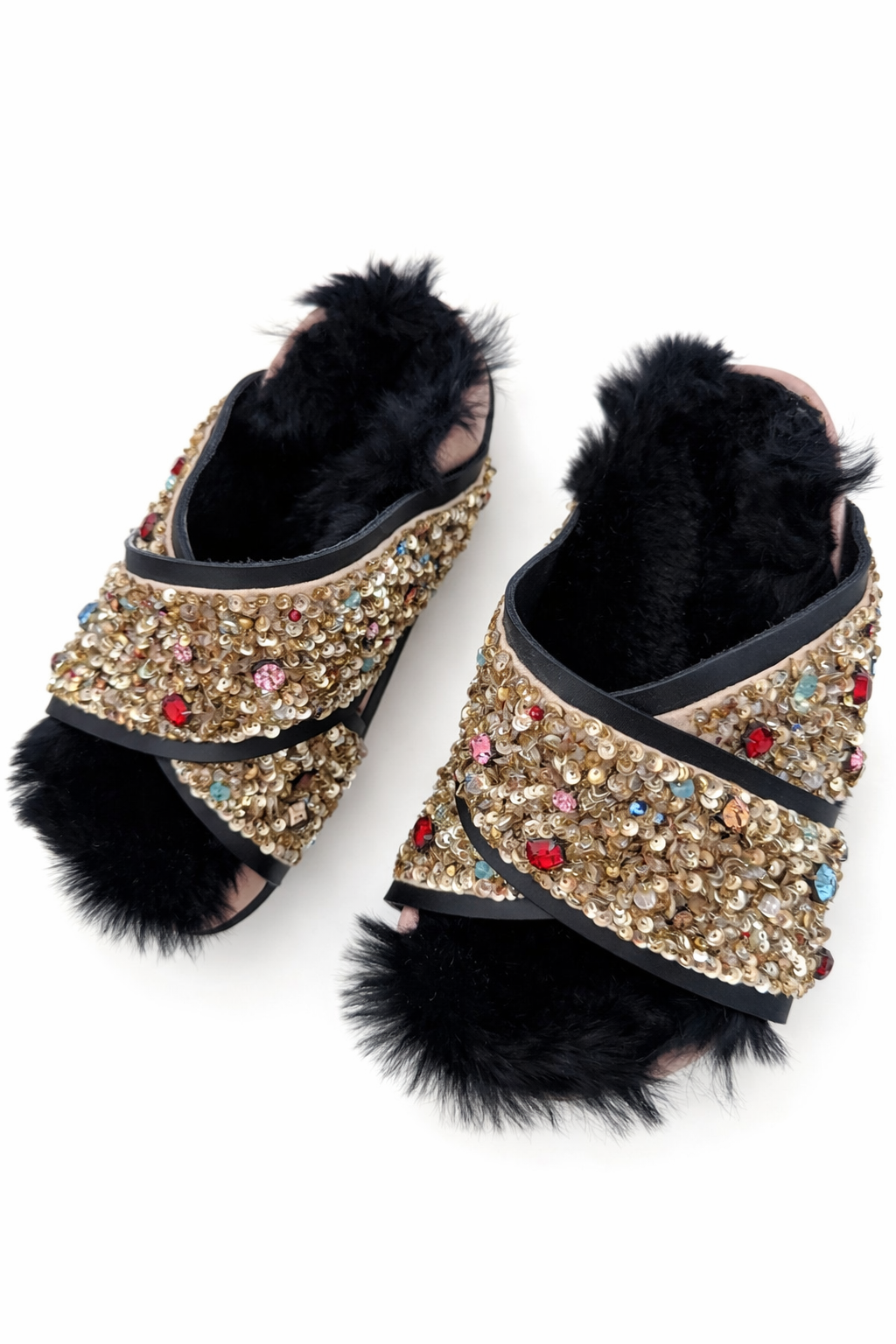 The Crystal Embellished Fur Birkenstocks Flatlay