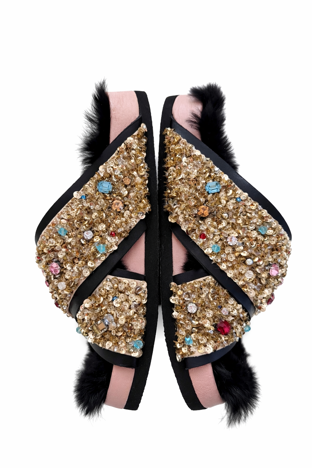 The Crystal Embellished Fur Birkenstocks Flatlay