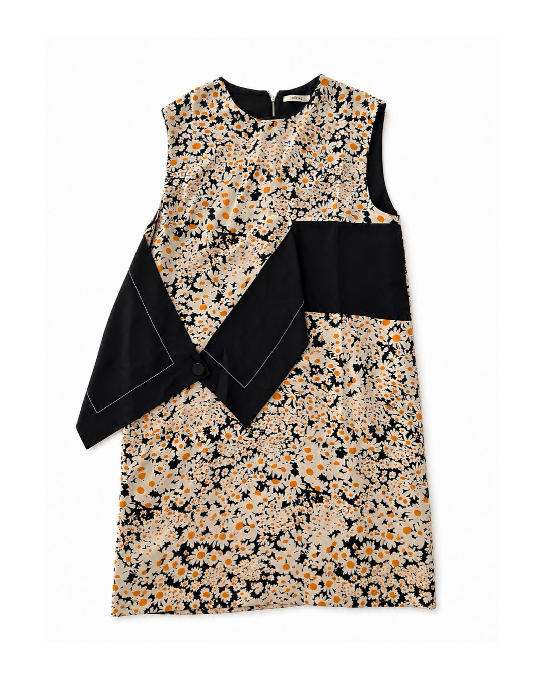 The Sleeveless Tunic Dress with Side Strip in Daisy Printed Satin