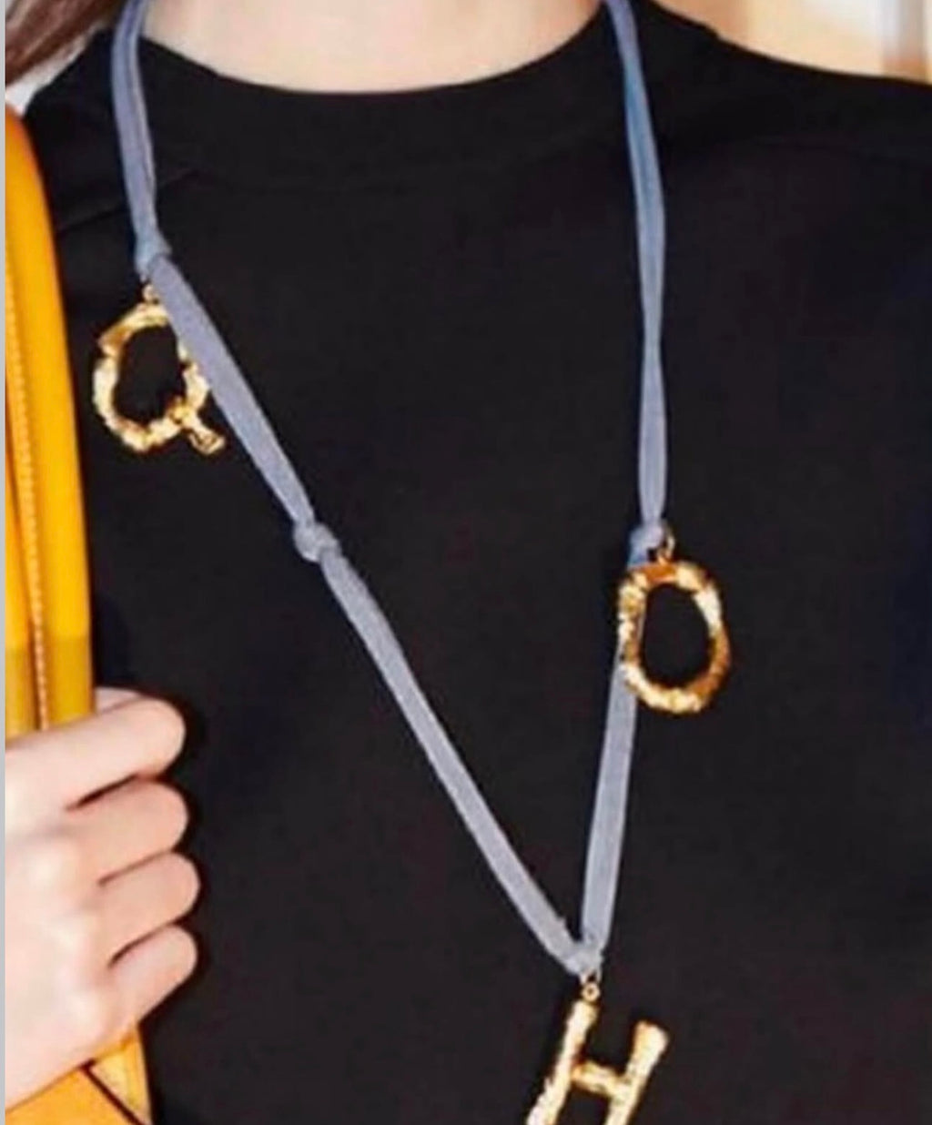 The Alphabet Jersey „Q“ Necklace in Blue Grey Jersey and Gold Brass
