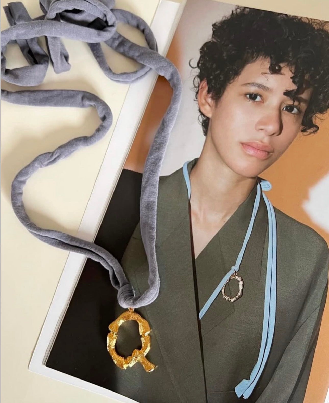 The Alphabet Jersey „Q“ Necklace in Blue Grey Jersey and Gold Brass