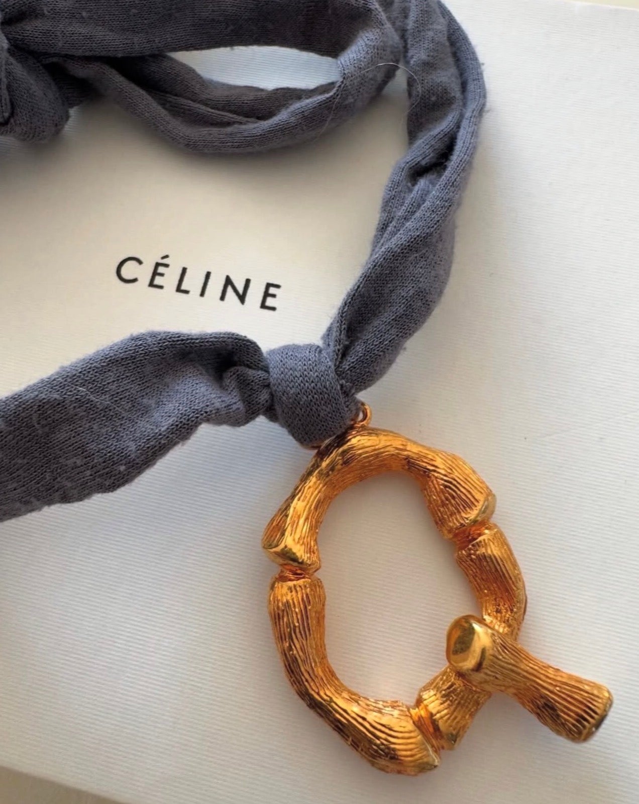 The Alphabet Jersey „Q“ Necklace in Blue Grey Jersey and Gold Brass