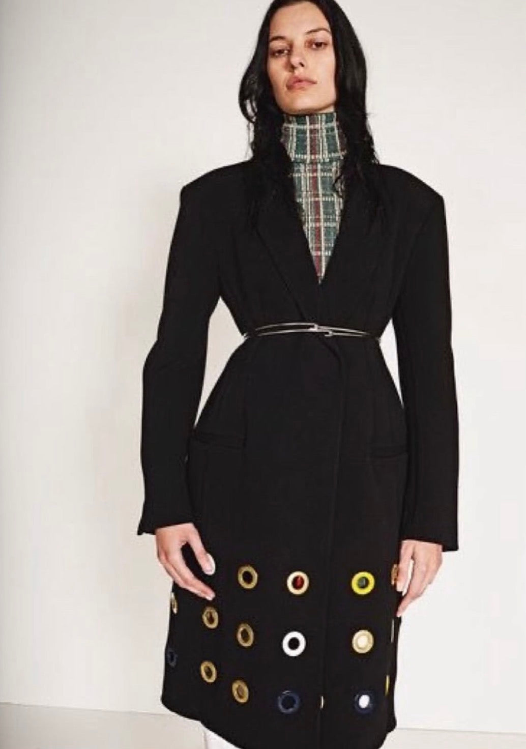 Eyelet Embellished Tailored Coat in Black Multicolor