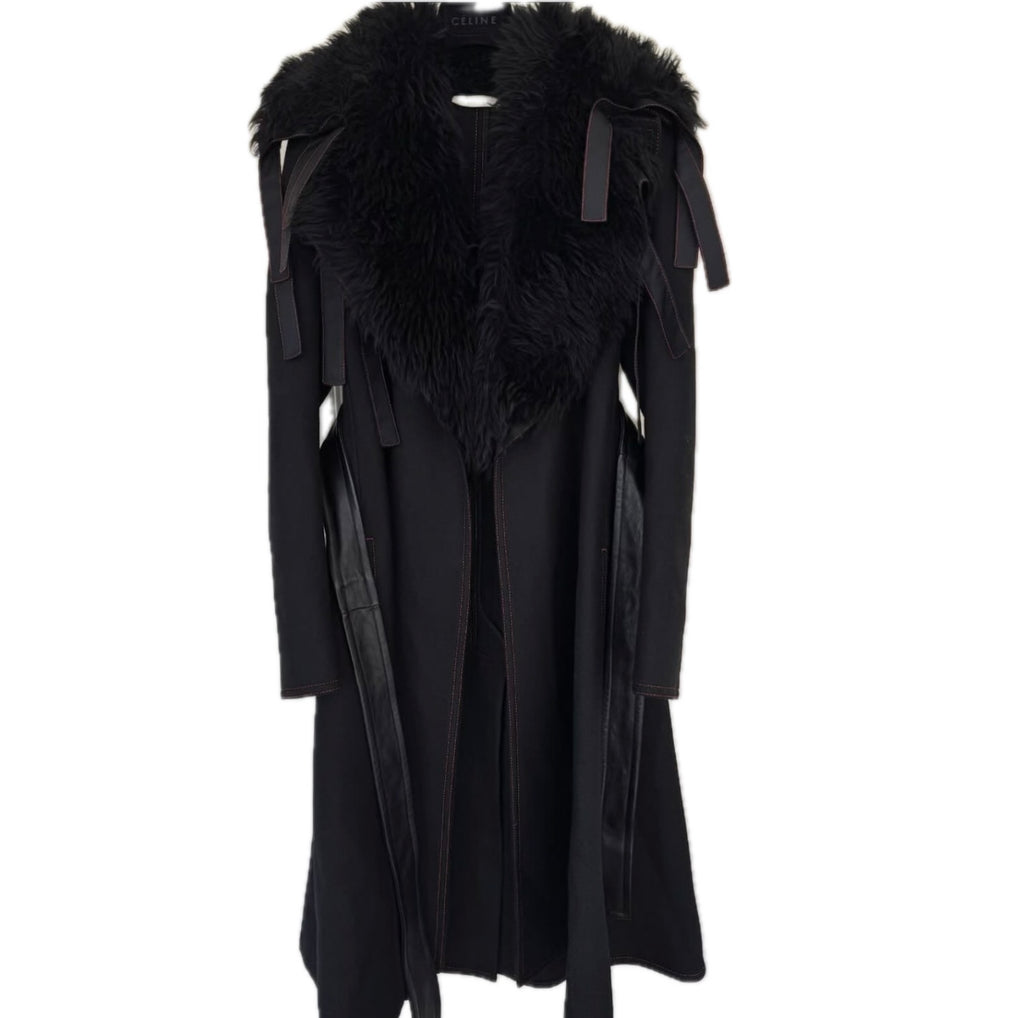 Black Wool Coat with Detachable Statement Fur Collar Flatlay