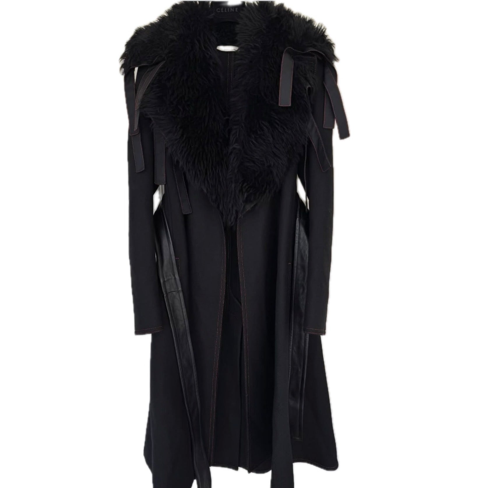 Black Wool Coat with Detachable Statement Fur Collar Flatlay