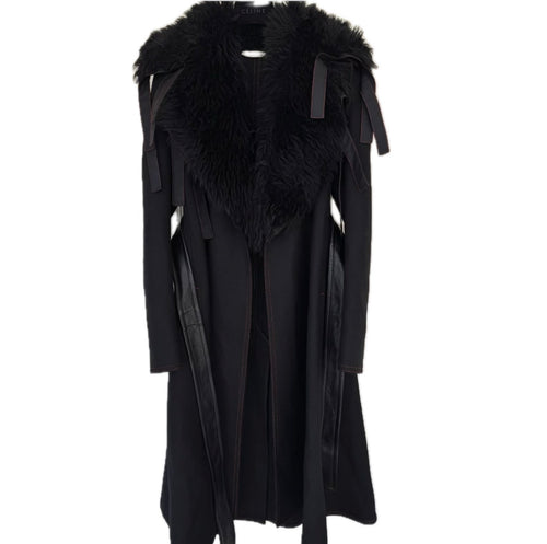 Black Wool Coat with Detachable Statement Fur Collar Flatlay