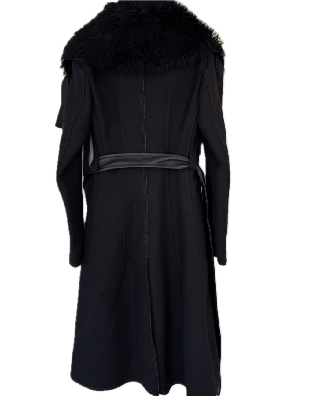 Black Wool Coat with Detachable Statement Fur Collar Flatlay