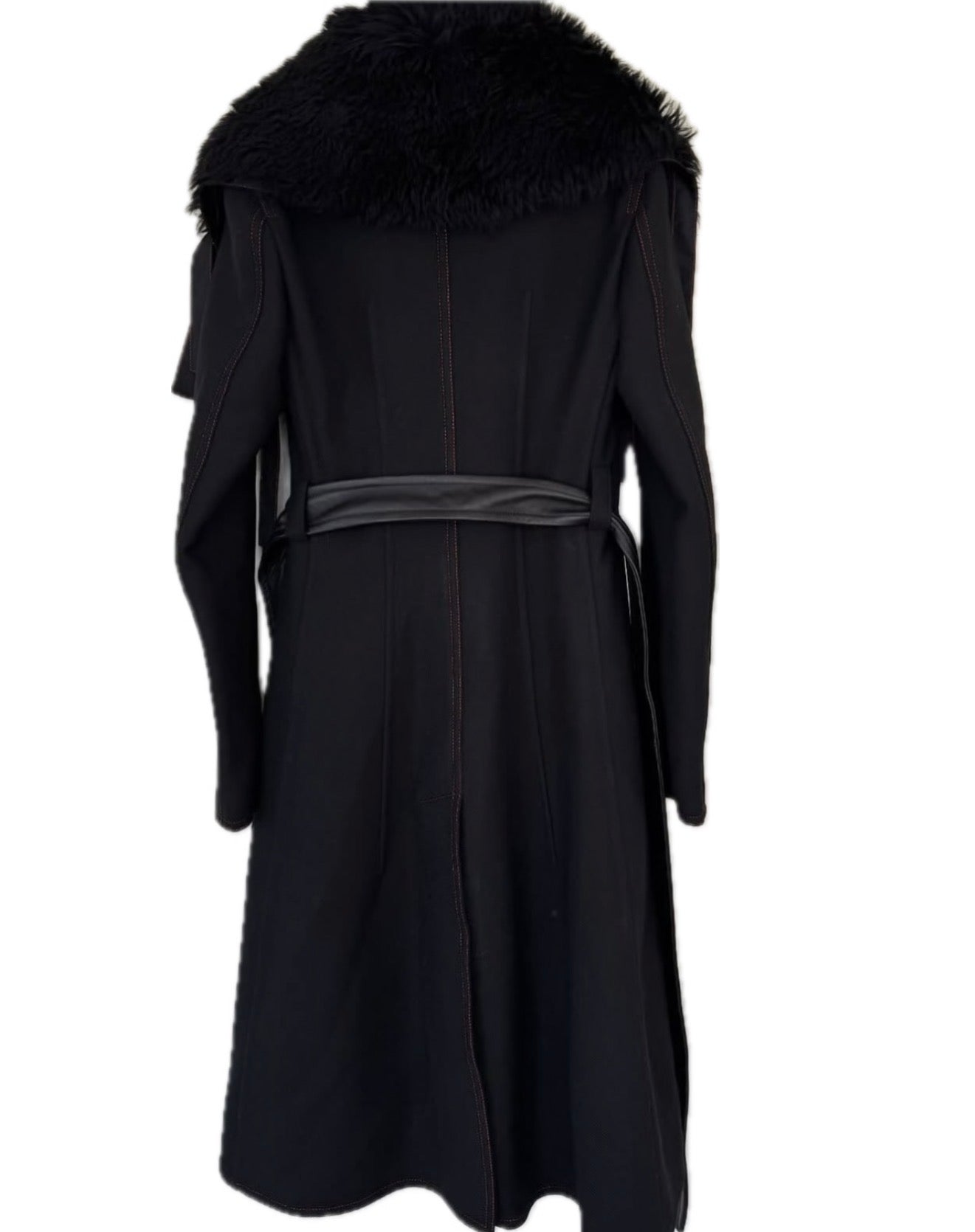 Black Wool Coat with Detachable Statement Fur Collar Flatlay
