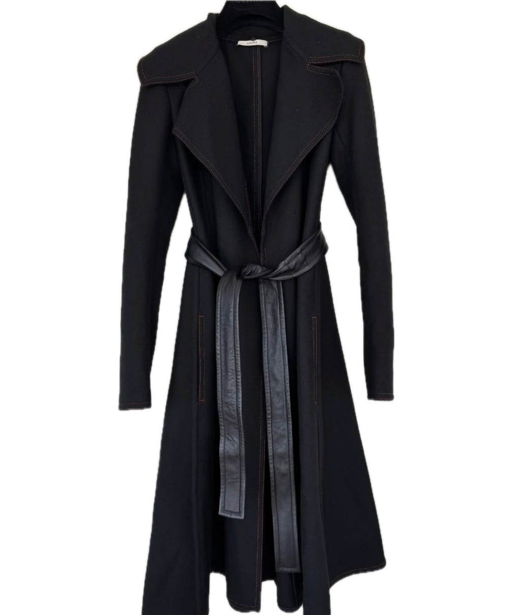 Black Wool Coat with Detachable Statement Fur Collar Flatlay