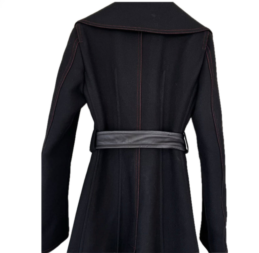 Black Wool Coat with Detachable Statement Fur Collar Flatlay