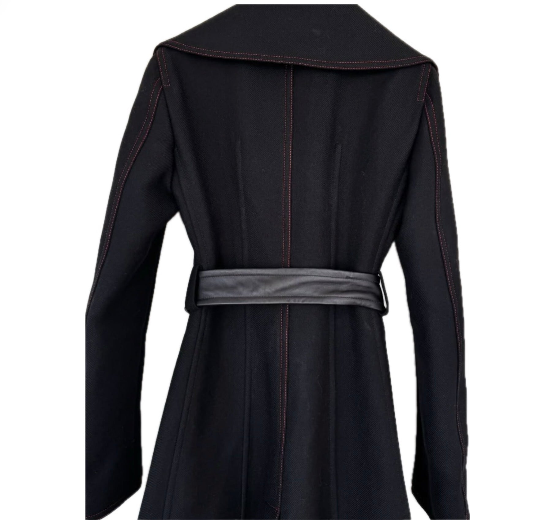 Black Wool Coat with Detachable Statement Fur Collar Flatlay