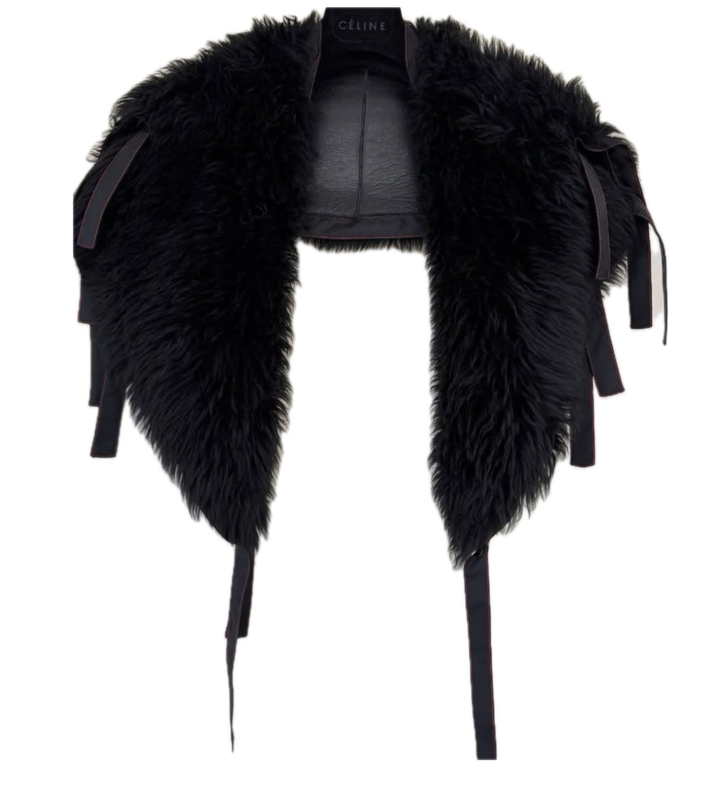 Black Wool Coat with Detachable Statement Fur Collar Flatlay