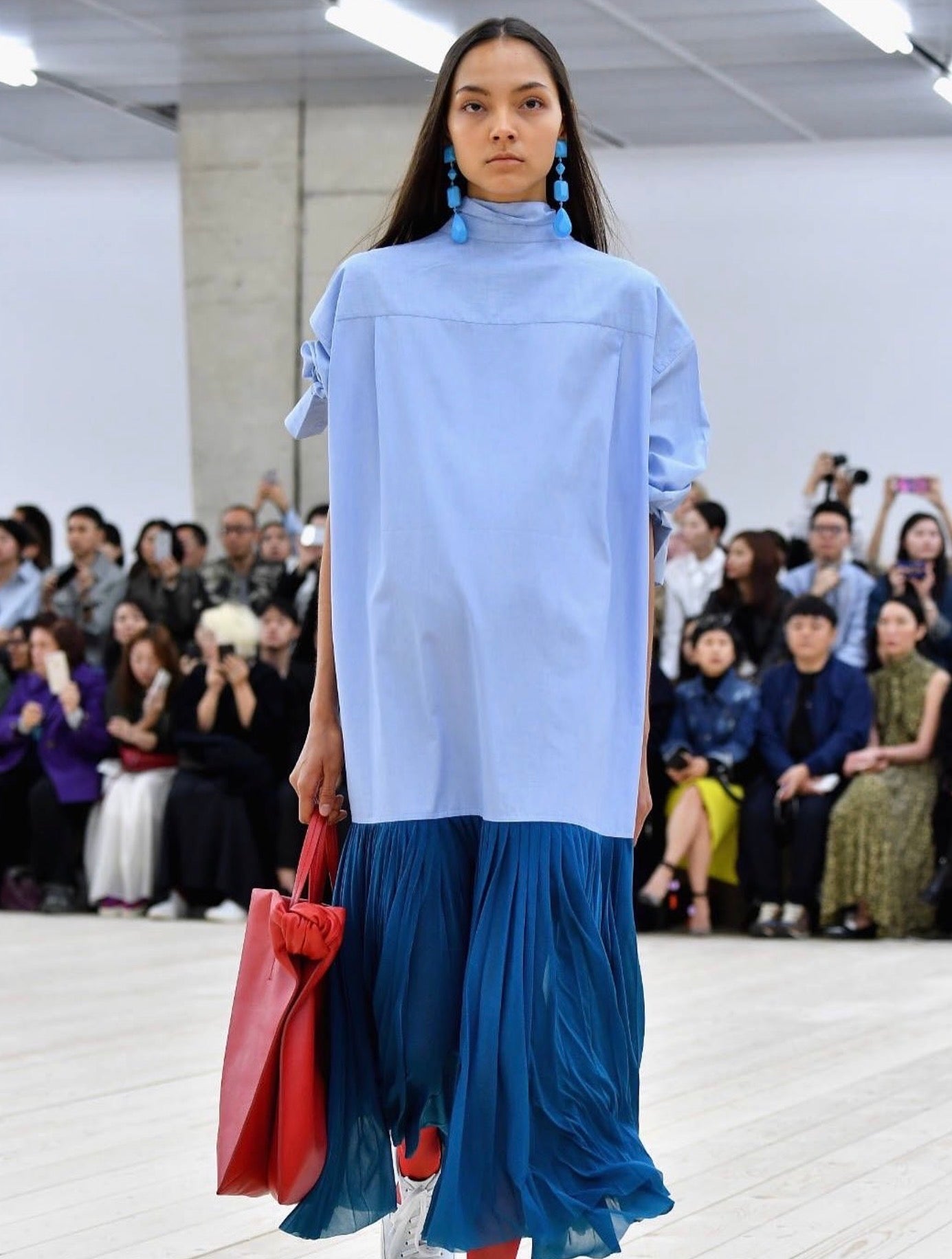 Blue Pleated Cotton Shirt Dress