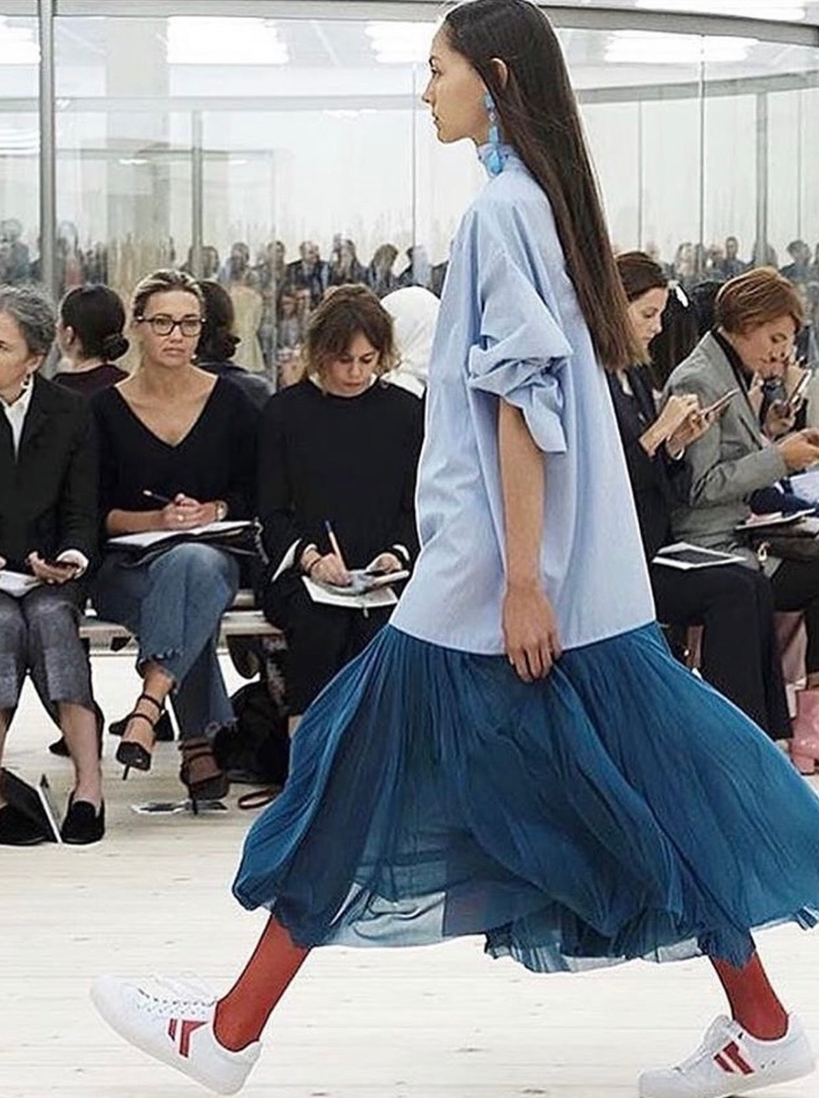 Blue Pleated Cotton Shirt Dress