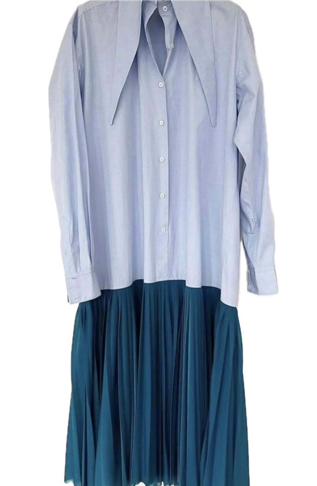 Blue Pleated Cotton Shirt Dress