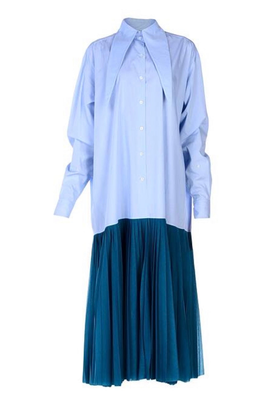 Blue Pleated Cotton Shirt Dress Flatlay