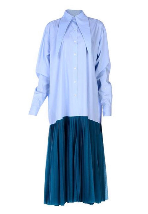 Blue Pleated Cotton Shirt Dress Flatlay