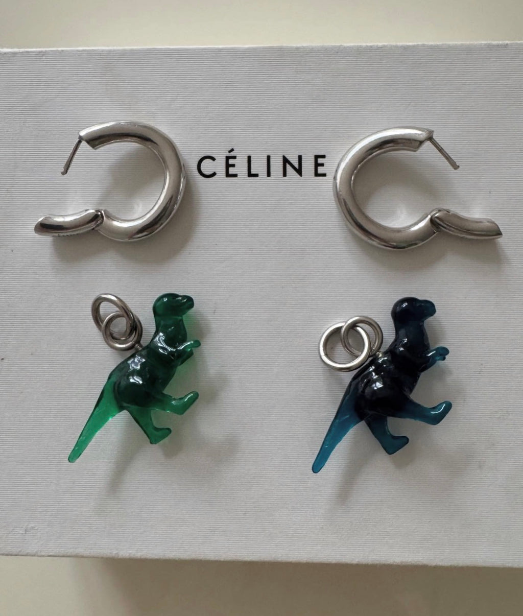 The Toy Small Dinosaur Earrings in Blue And Green Resin