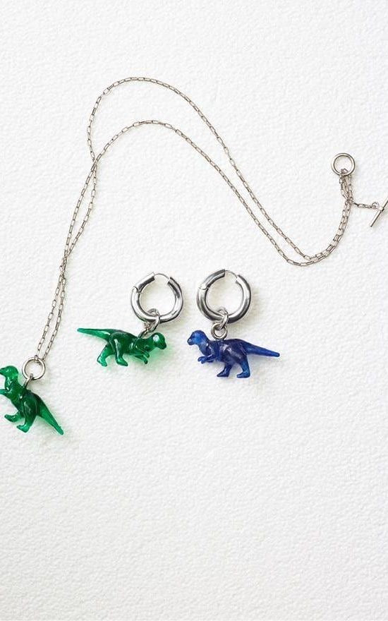 The Toy Small Dinosaur Earrings in Blue And Green Resin