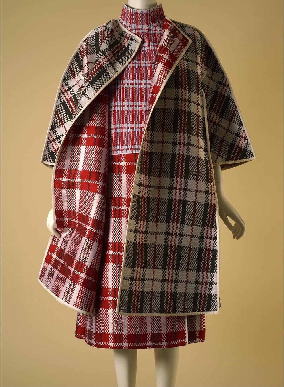 The Museum Coat - Plaid Check Woven Coat with Mink Buttons
