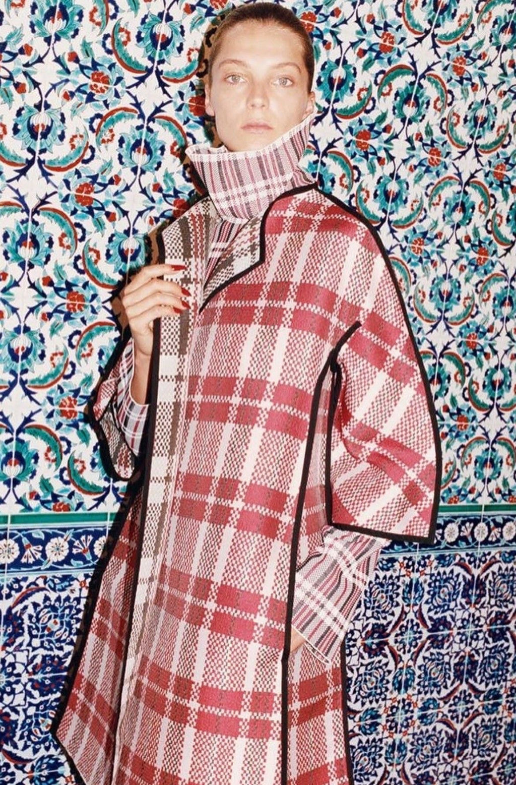 The Museum Coat - Plaid Check Woven Coat with Mink Buttons