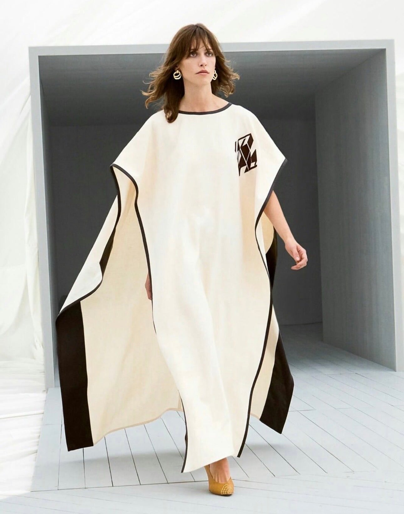 Kaftan with Leather Trim in Cream