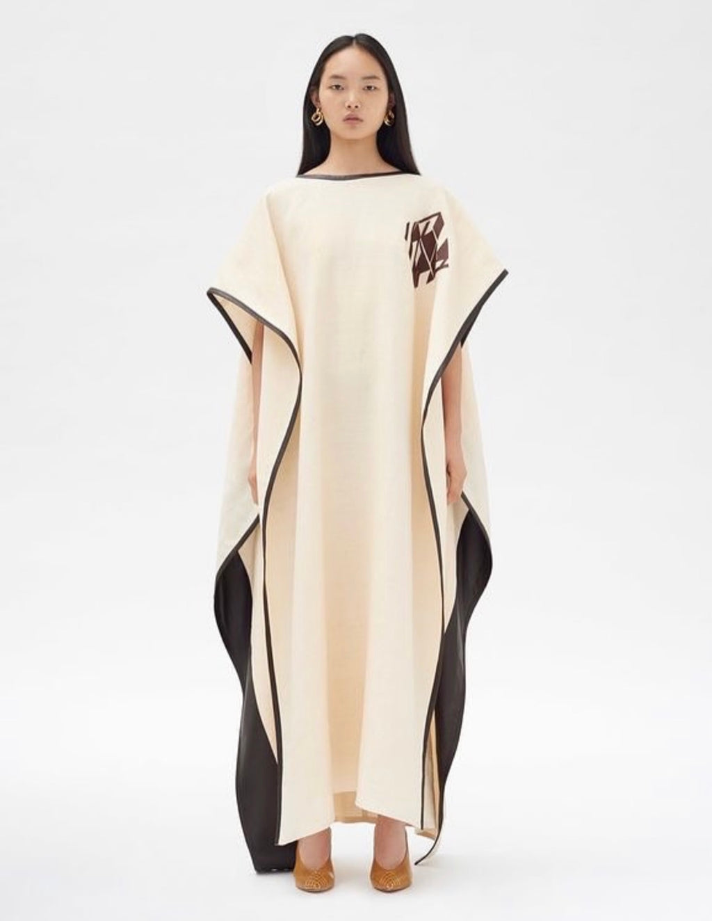 Kaftan with Leather Trim in Cream