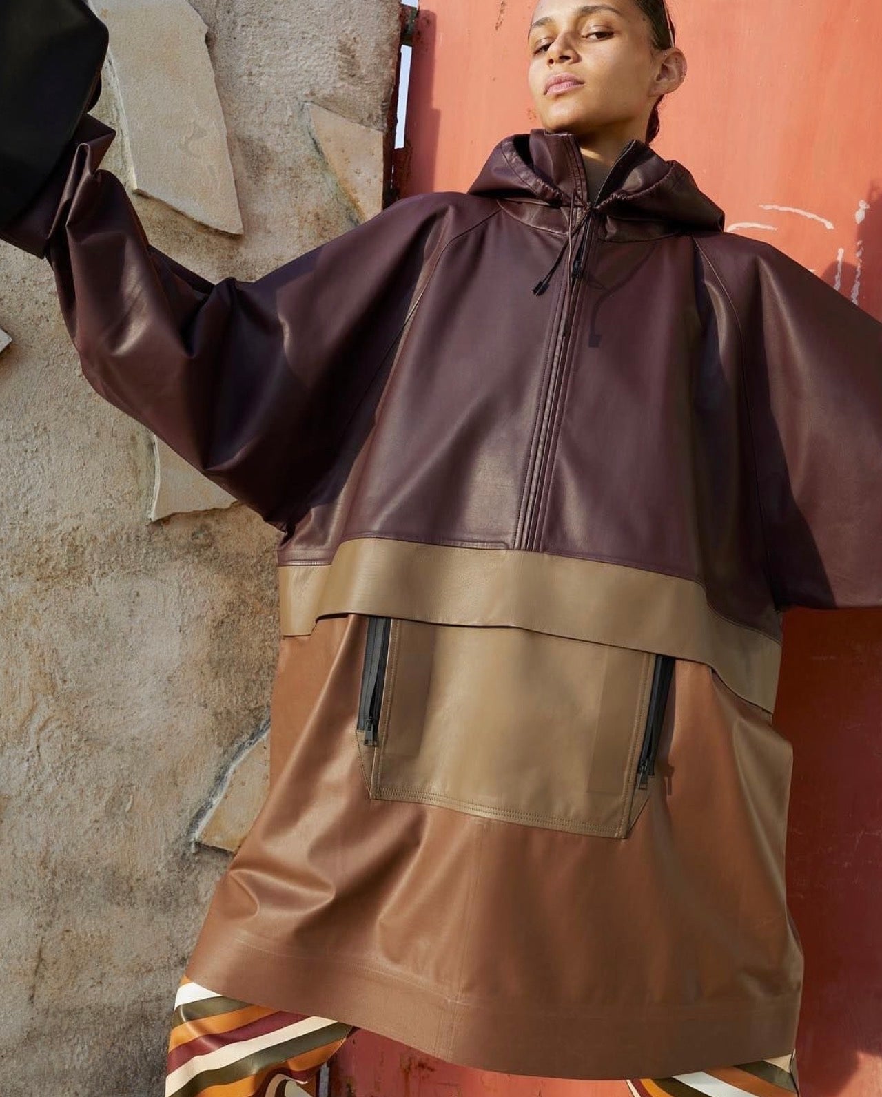 Leather Hooded Anorak Coat in Tri-tone Brown