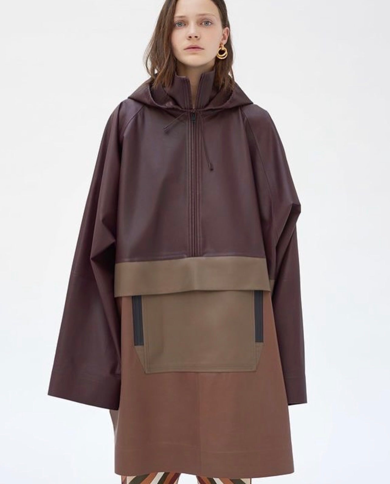 Leather Hooded Anorak Coat in Tri-tone Brown