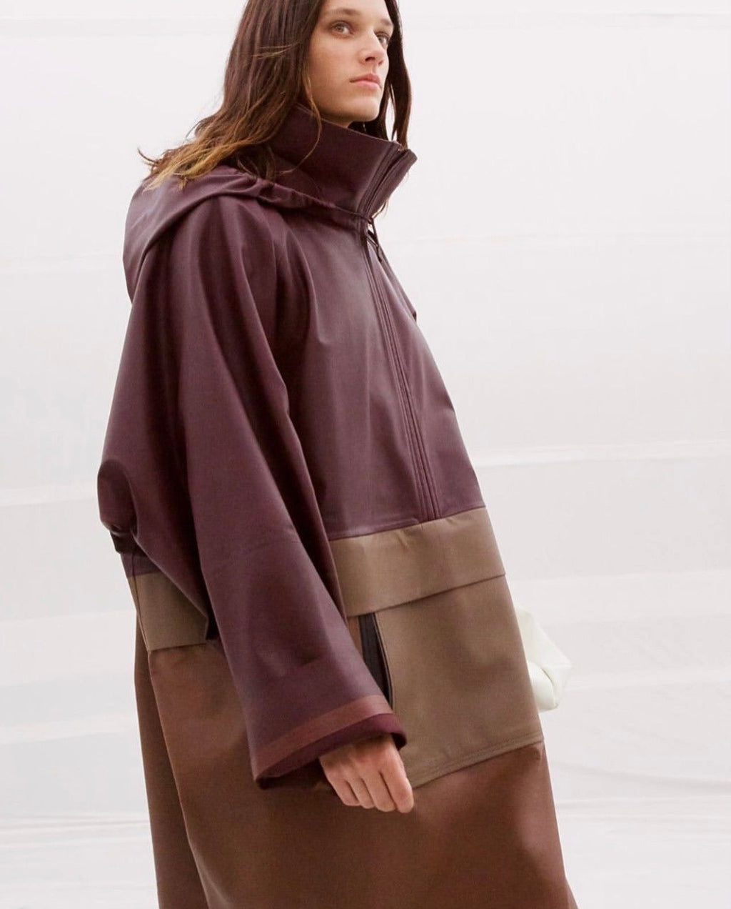 Leather Hooded Anorak Coat in Tri-tone Brown